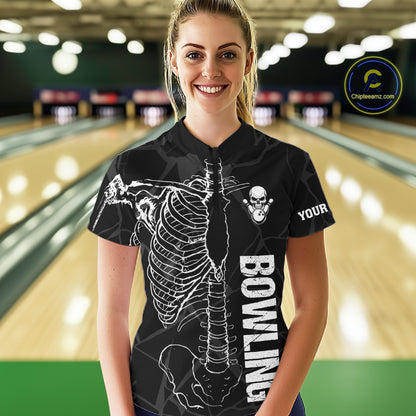 Black And White Funny Skeleton Bowling Shirts For Women Custom Skull Bowling League Team Jersey TDM7398