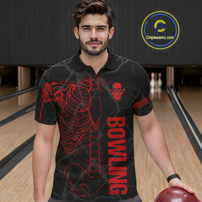 Black And Red Funny Skeleton Bowling Shirts For Men Custom Skull Bowling League Team Jersey TDM7399