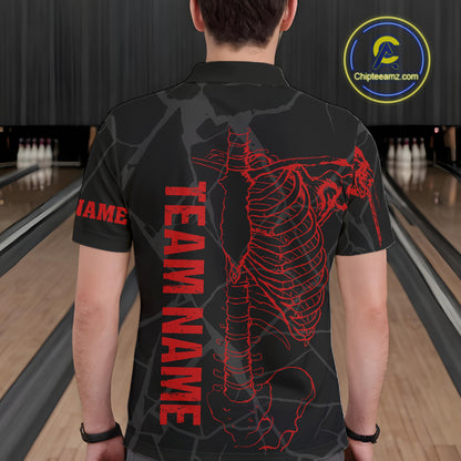 Black And Red Funny Skeleton Bowling Shirts For Men Custom Skull Bowling League Team Jersey TDM7399