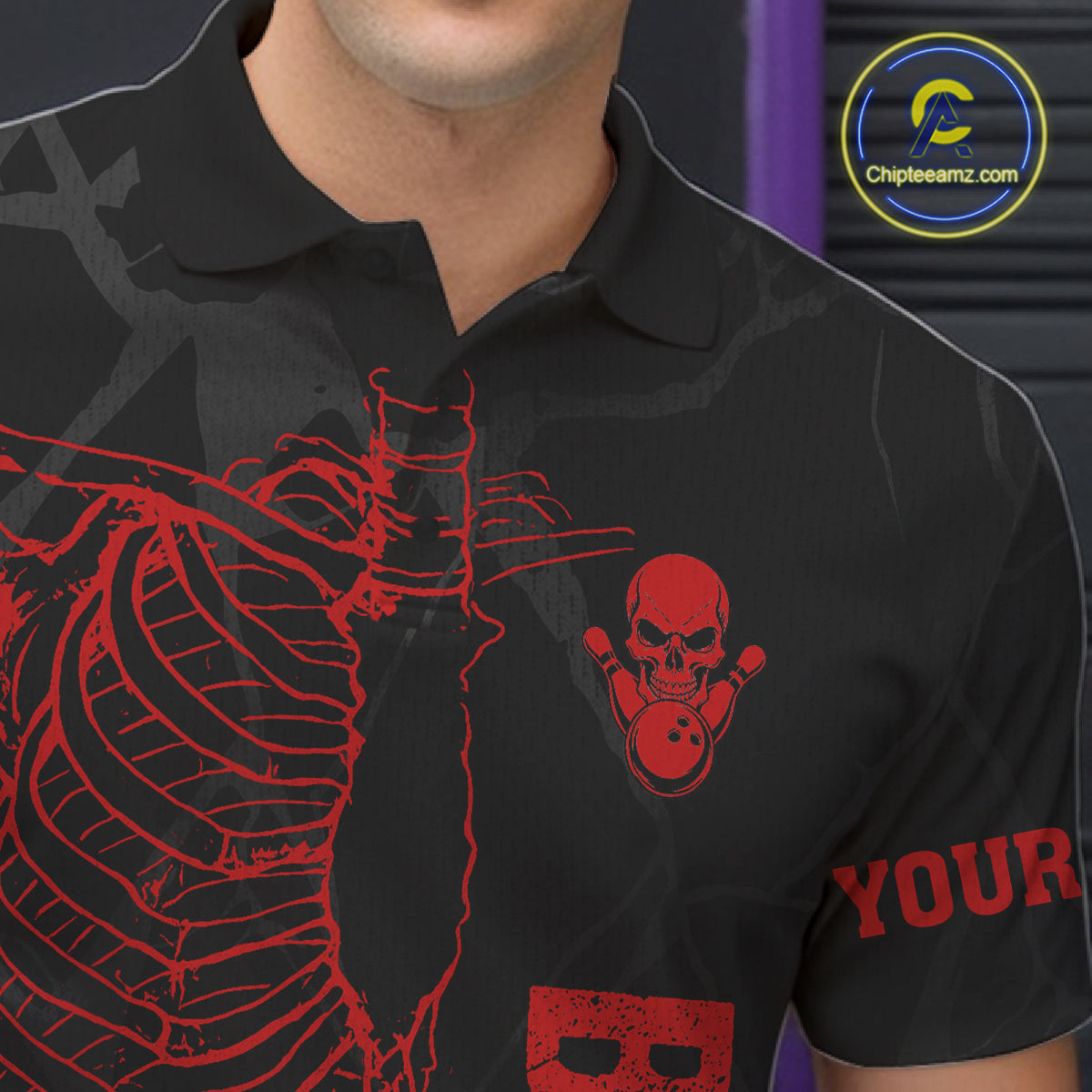 Black And Red Funny Skeleton Bowling Shirts For Men Custom Skull Bowling League Team Jersey TDM7399