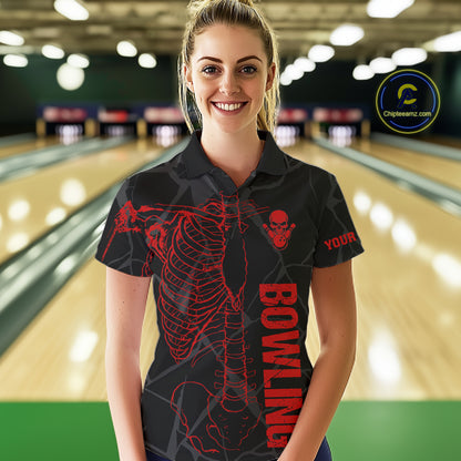Black And Red Funny Skeleton Bowling Shirts For Women Custom Skull Bowling League Team Jersey TDM7399