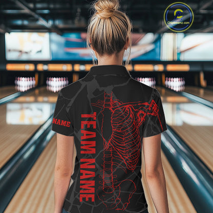 Black And Red Funny Skeleton Bowling Shirts For Women Custom Skull Bowling League Team Jersey TDM7399