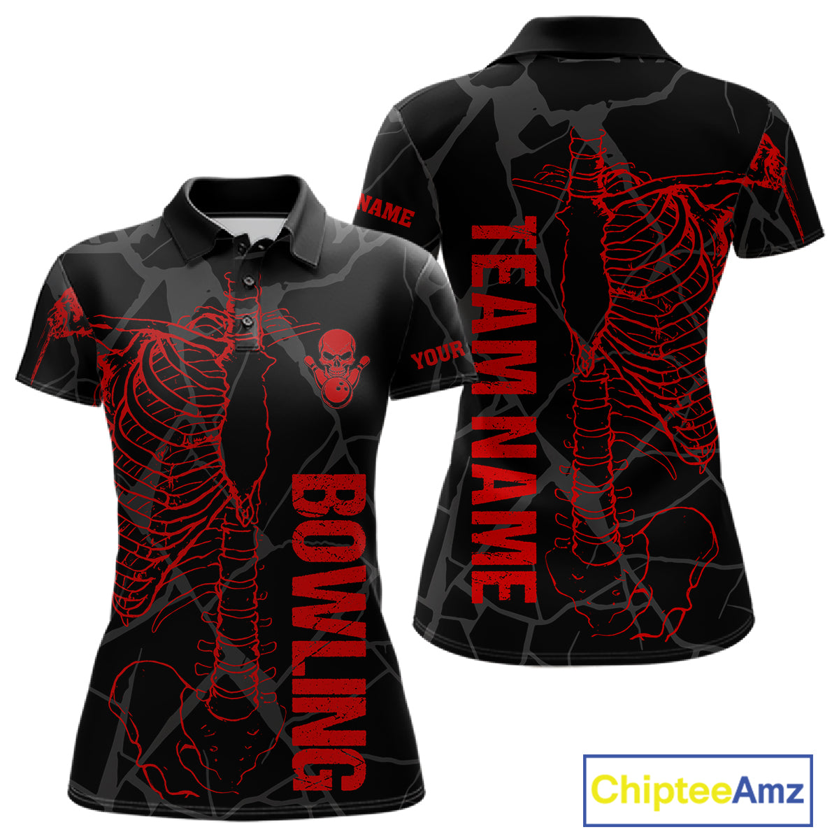 Black And Red Funny Skeleton Bowling Shirts For Women Custom Skull Bowling League Team Jersey TDM7399