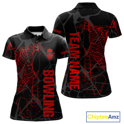 Black And Red Funny Skeleton Bowling Shirts For Women Custom Skull Bowling League Team Jersey TDM7399