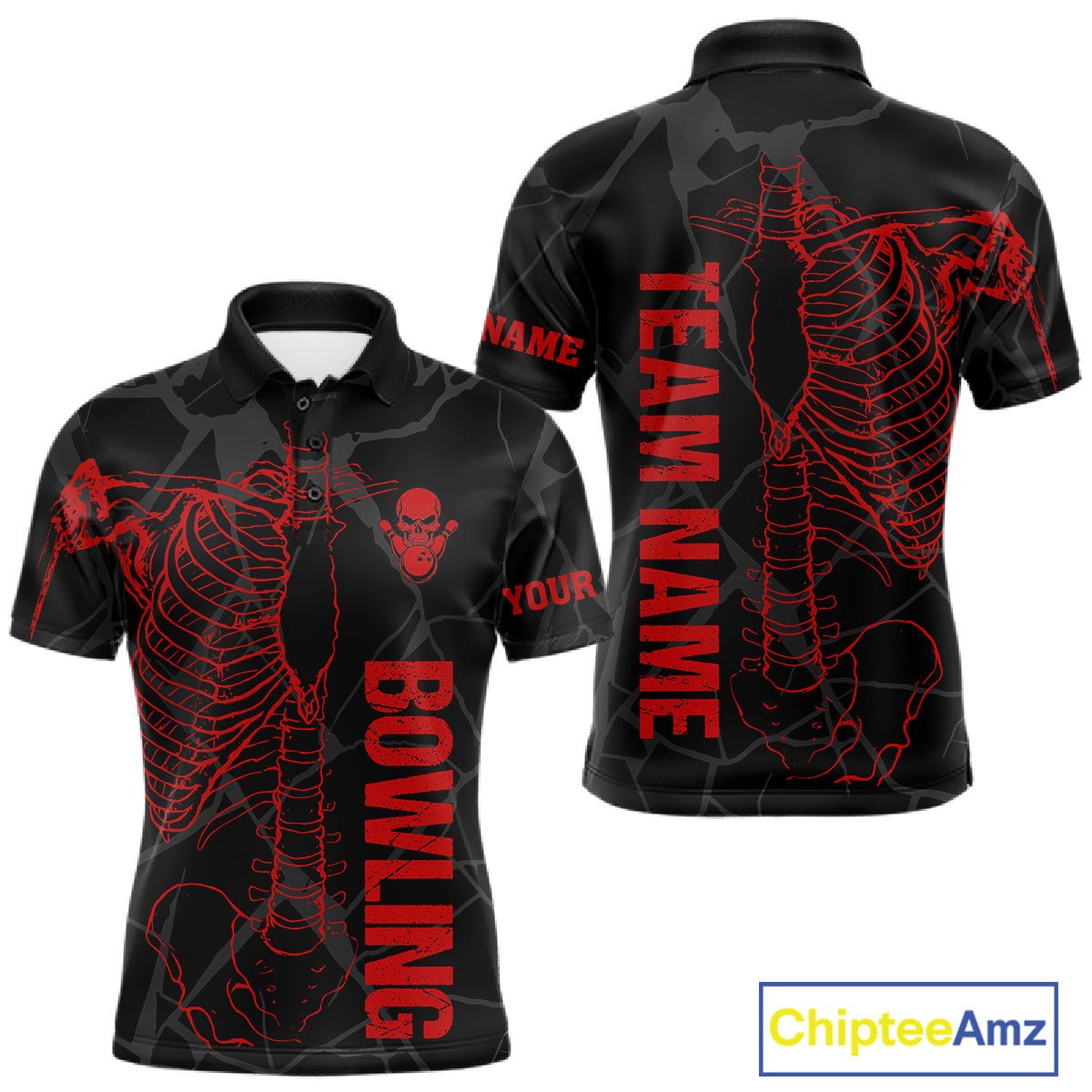 Black And Red Funny Skeleton Bowling Shirts For Men Custom Skull Bowling League Team Jersey TDM7399