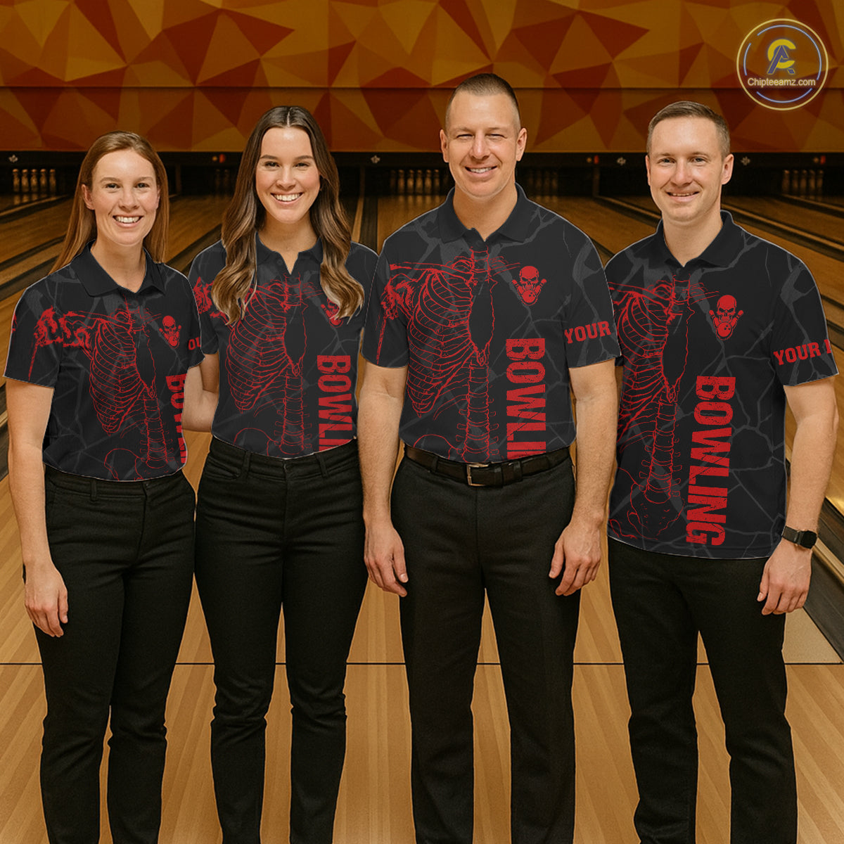 Black And Red Funny Skeleton Bowling Shirts For Men Custom Skull Bowling League Team Jersey TDM7399