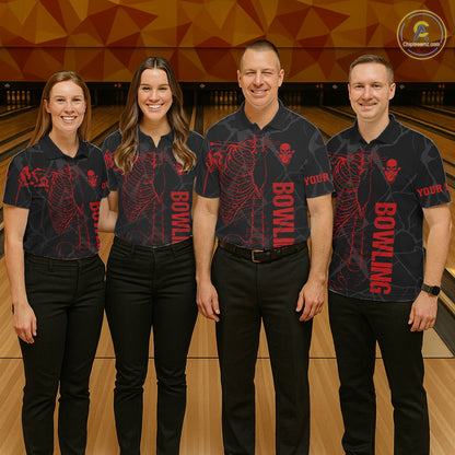 Black And Red Funny Skeleton Bowling Shirts For Men Custom Skull Bowling League Team Jersey TDM7399