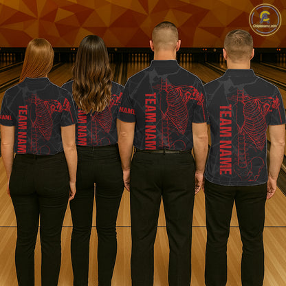 Black And Red Funny Skeleton Bowling Shirts For Men Custom Skull Bowling League Team Jersey TDM7399