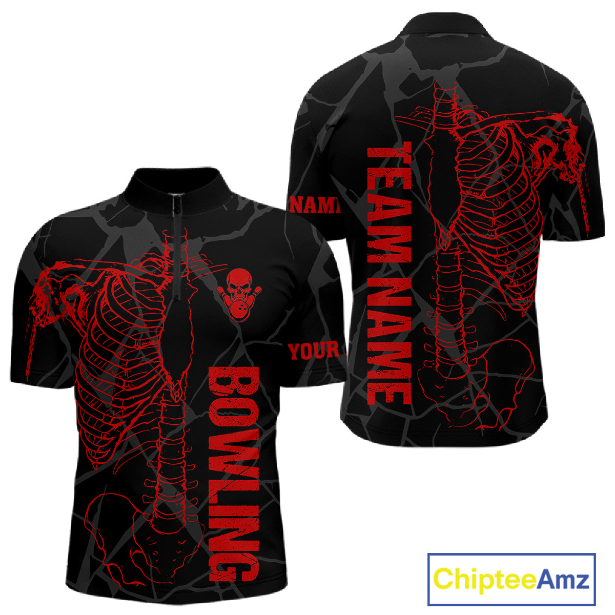 Black And Red Funny Skeleton Bowling Shirts For Men Custom Skull Bowling League Team Jersey TDM7399