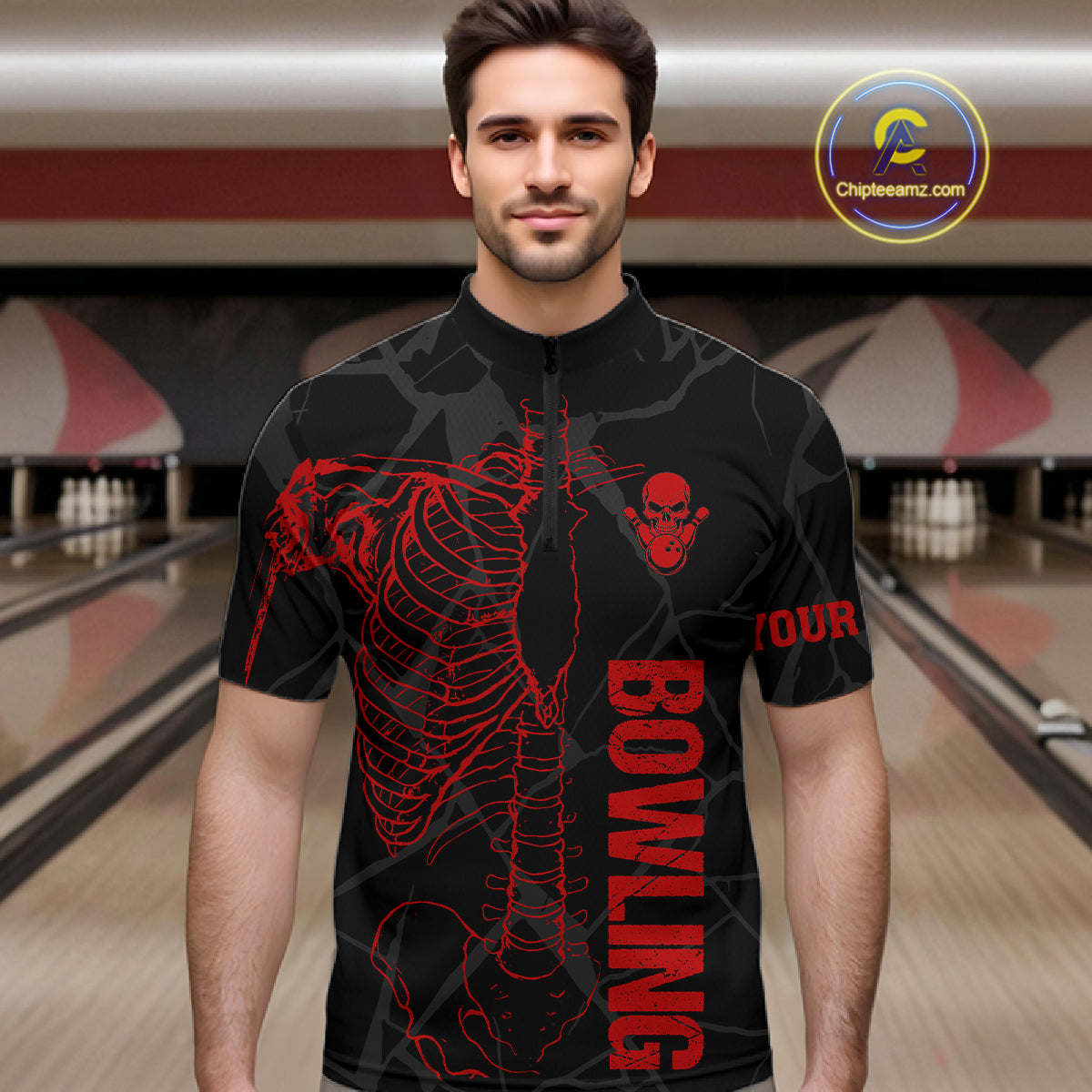 Black And Red Funny Skeleton Bowling Shirts For Men Custom Skull Bowling League Team Jersey TDM7399