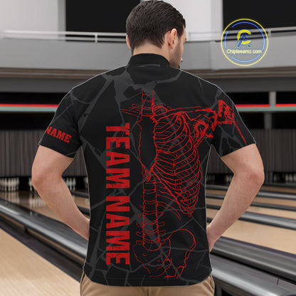 Black And Red Funny Skeleton Bowling Shirts For Men Custom Skull Bowling League Team Jersey TDM7399