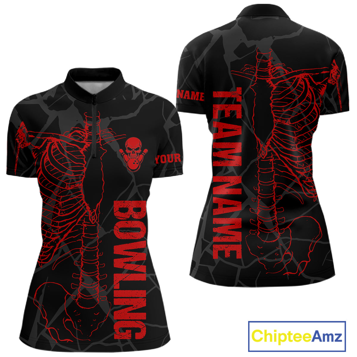 Black And Red Funny Skeleton Bowling Shirts For Women Custom Skull Bowling League Team Jersey TDM7399
