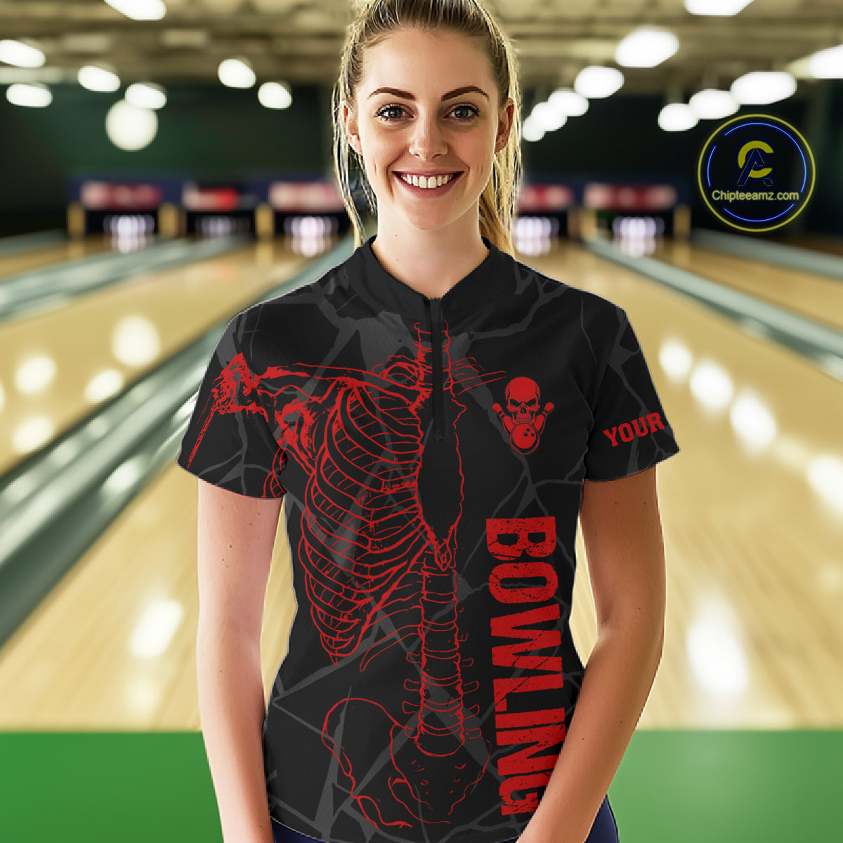 Black And Red Funny Skeleton Bowling Shirts For Women Custom Skull Bowling League Team Jersey TDM7399