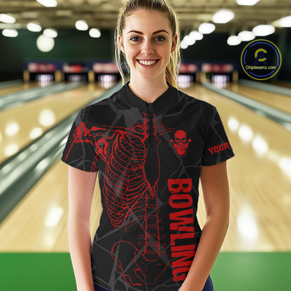 Black And Red Funny Skeleton Bowling Shirts For Women Custom Skull Bowling League Team Jersey TDM7399