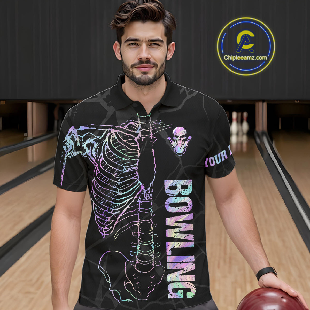 Black And Holographic Funny Skeleton Bowling Shirts For Men Custom Skull Bowling Team Jersey TDM7400