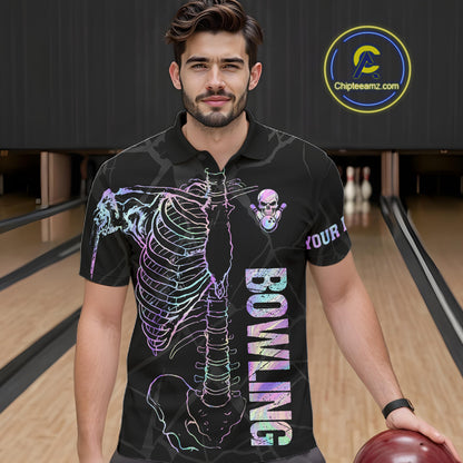 Black And Holographic Funny Skeleton Bowling Shirts For Men Custom Skull Bowling Team Jersey TDM7400