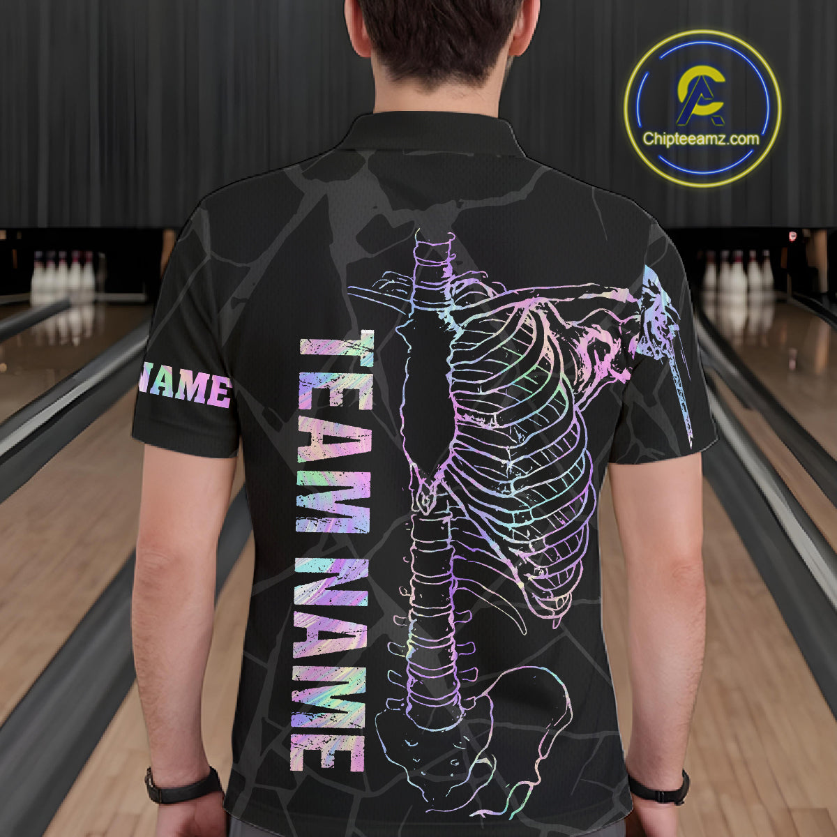 Black And Holographic Funny Skeleton Bowling Shirts For Men Custom Skull Bowling Team Jersey TDM7400