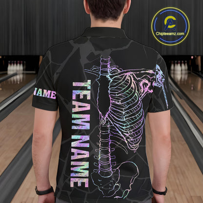 Black And Holographic Funny Skeleton Bowling Shirts For Men Custom Skull Bowling Team Jersey TDM7400
