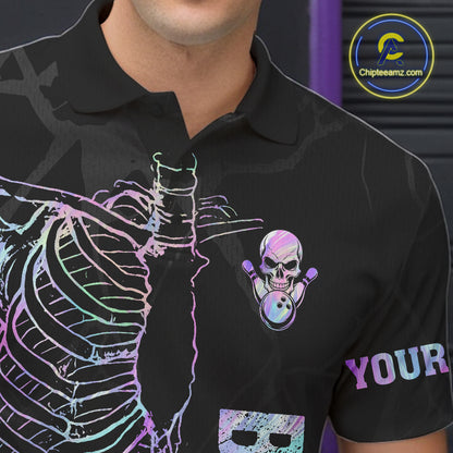 Black And Holographic Funny Skeleton Bowling Shirts For Men Custom Skull Bowling Team Jersey TDM7400