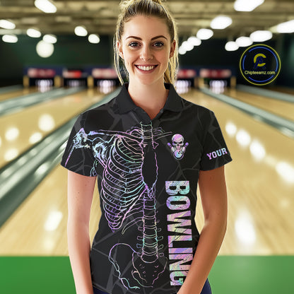 Black And Holographic Funny Skeleton Bowling Shirts For Women Custom Skull Bowling Team Jersey TDM7400