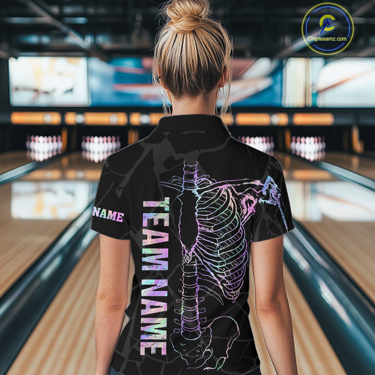 Black And Holographic Funny Skeleton Bowling Shirts For Women Custom Skull Bowling Team Jersey TDM7400