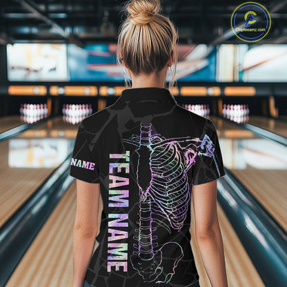 Black And Holographic Funny Skeleton Bowling Shirts For Women Custom Skull Bowling Team Jersey TDM7400
