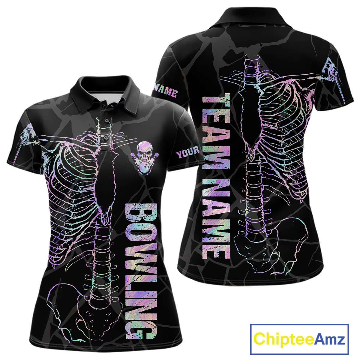 Black And Holographic Funny Skeleton Bowling Shirts For Women Custom Skull Bowling Team Jersey TDM7400