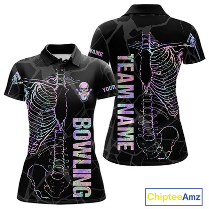 Black And Holographic Funny Skeleton Bowling Shirts For Women Custom Skull Bowling Team Jersey TDM7400