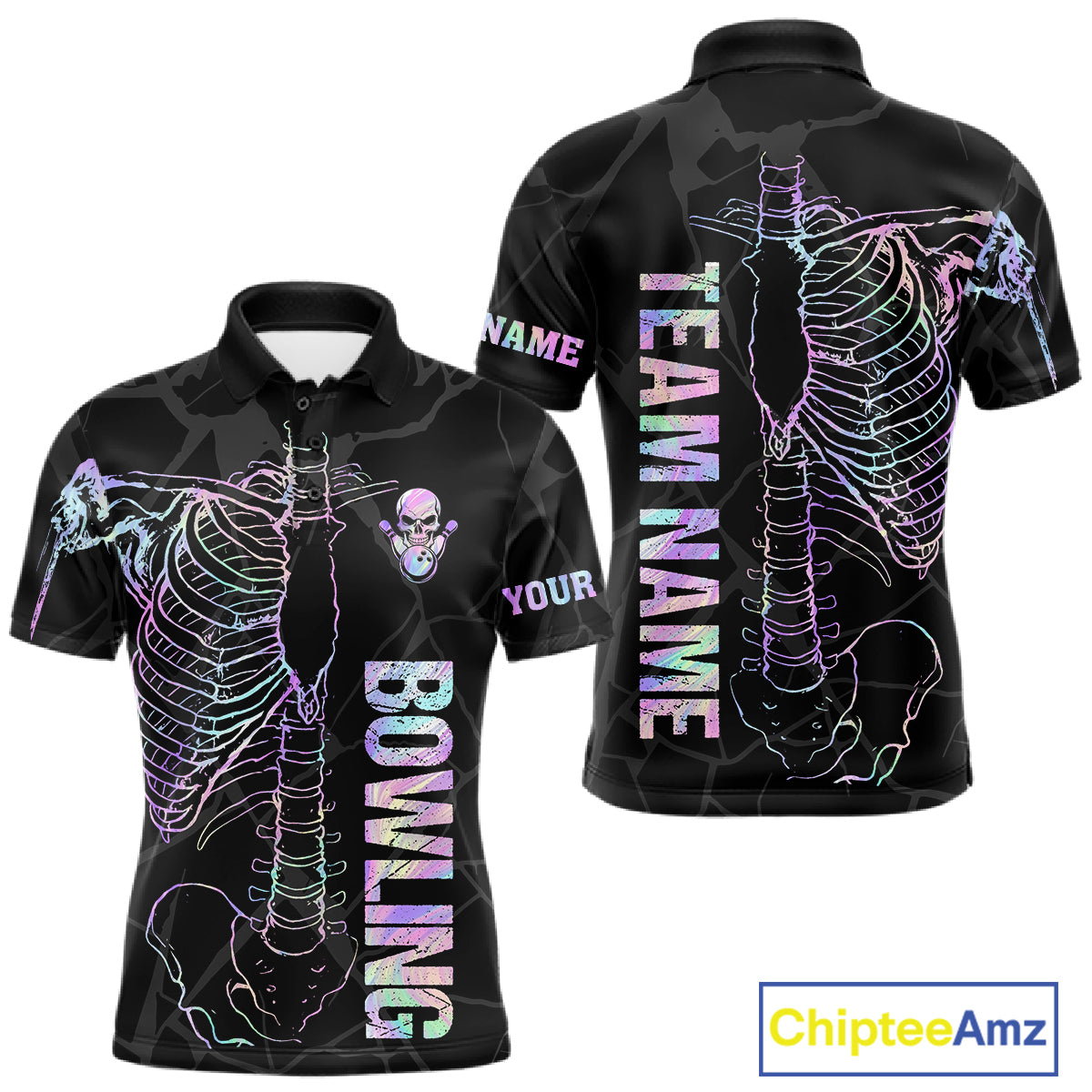 Black And Holographic Funny Skeleton Bowling Shirts For Men Custom Skull Bowling Team Jersey TDM7400