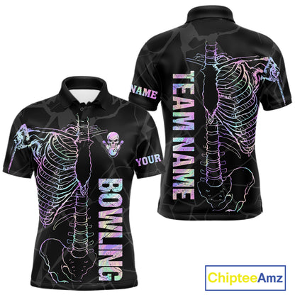 Black And Holographic Funny Skeleton Bowling Shirts For Men Custom Skull Bowling Team Jersey TDM7400
