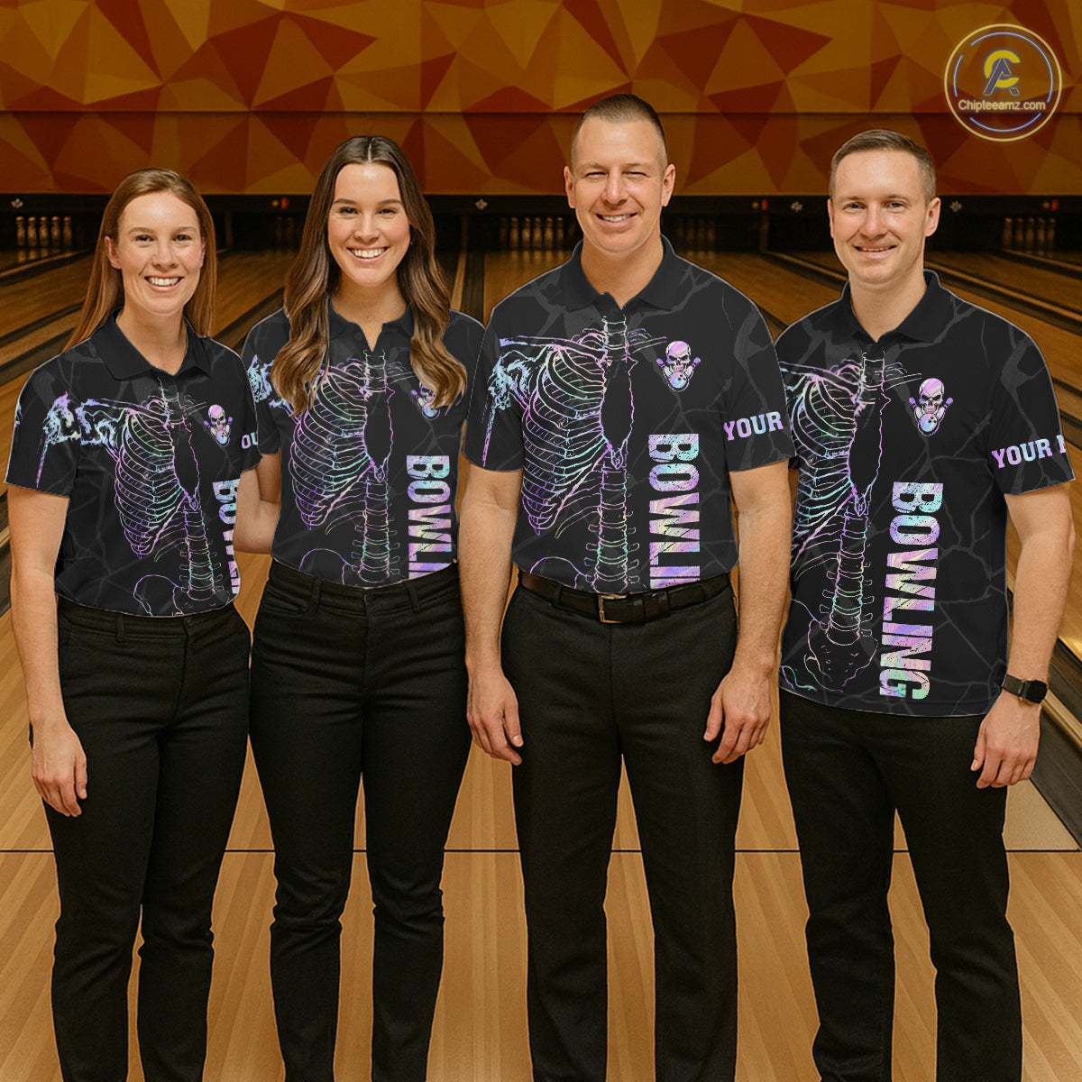 Black And Holographic Funny Skeleton Bowling Shirts For Men Custom Skull Bowling Team Jersey TDM7400