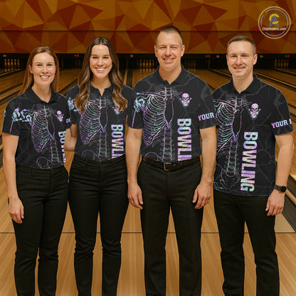 Black And Holographic Funny Skeleton Bowling Shirts For Men Custom Skull Bowling Team Jersey TDM7400