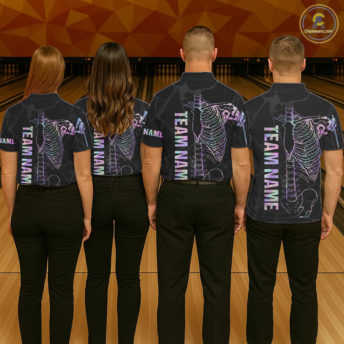 Black And Holographic Funny Skeleton Bowling Shirts For Men Custom Skull Bowling Team Jersey TDM7400