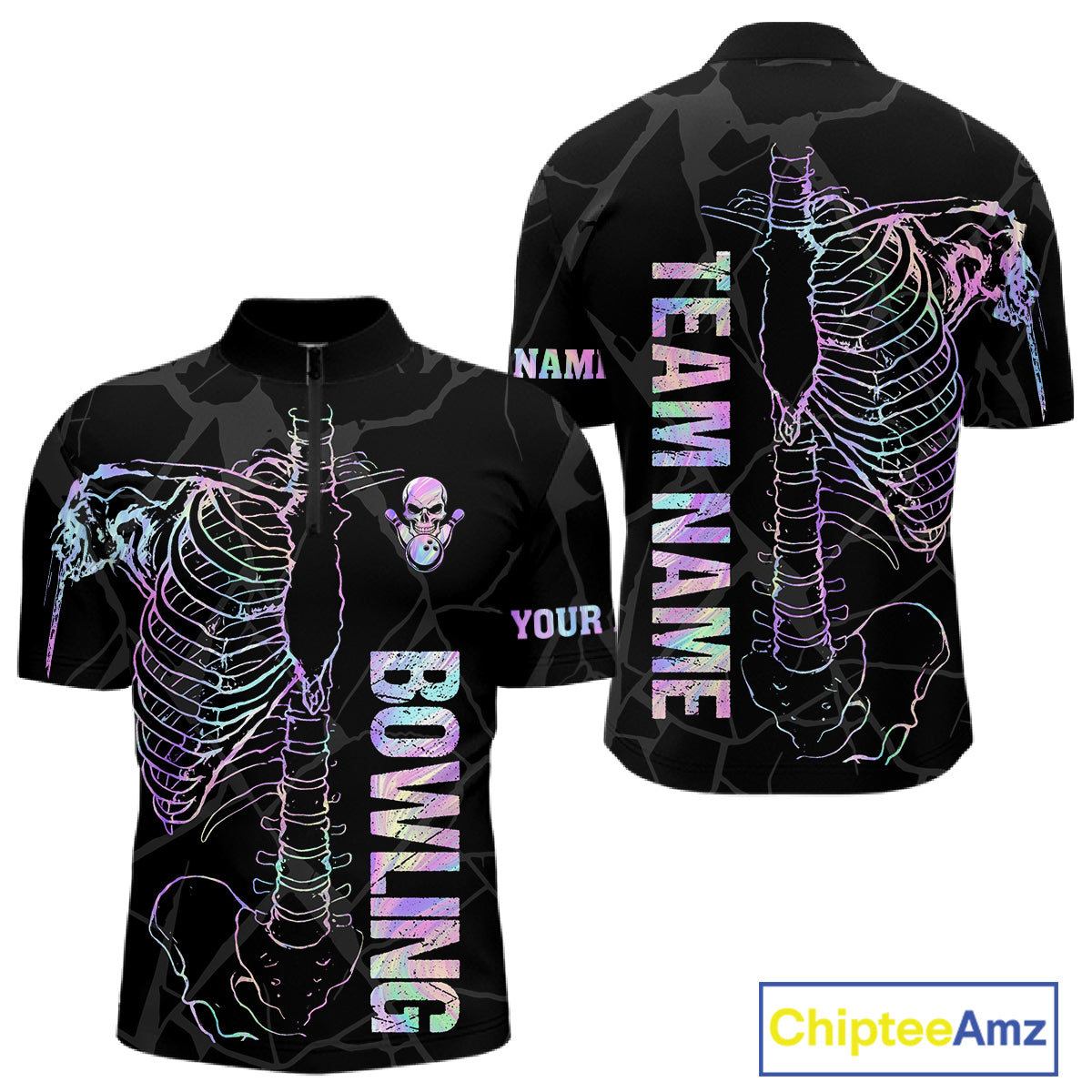 Black And Holographic Funny Skeleton Bowling Shirts For Men Custom Skull Bowling Team Jersey TDM7400
