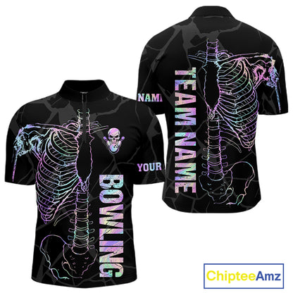 Black And Holographic Funny Skeleton Bowling Shirts For Men Custom Skull Bowling Team Jersey TDM7400