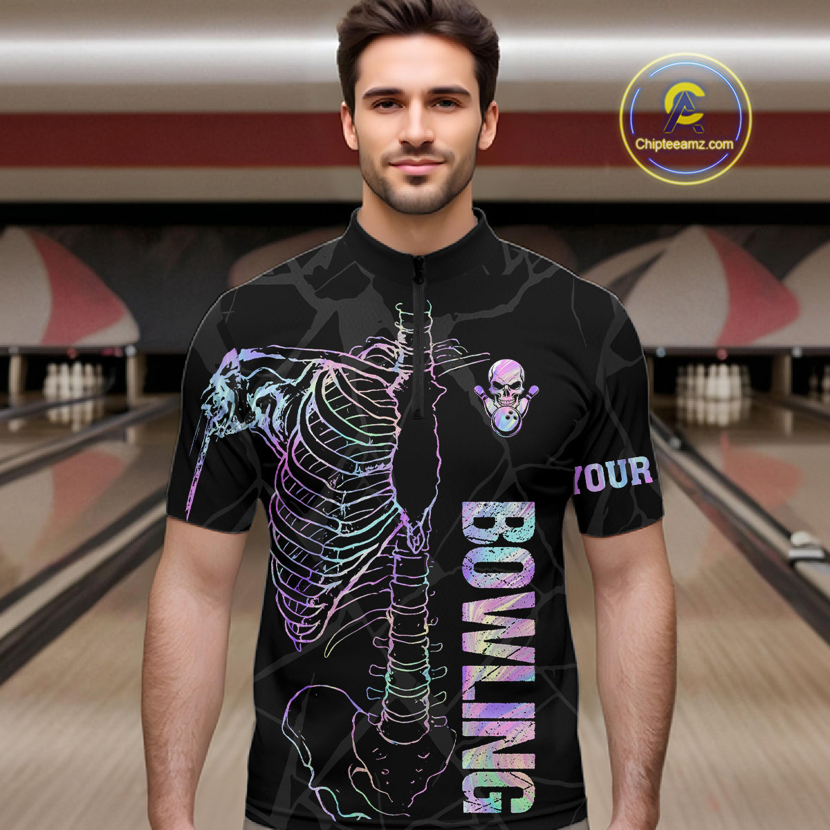 Black And Holographic Funny Skeleton Bowling Shirts For Men Custom Skull Bowling Team Jersey TDM7400