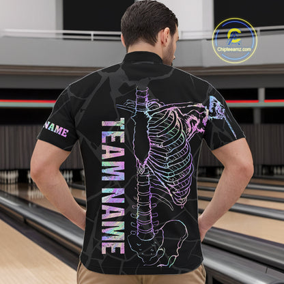 Black And Holographic Funny Skeleton Bowling Shirts For Men Custom Skull Bowling Team Jersey TDM7400