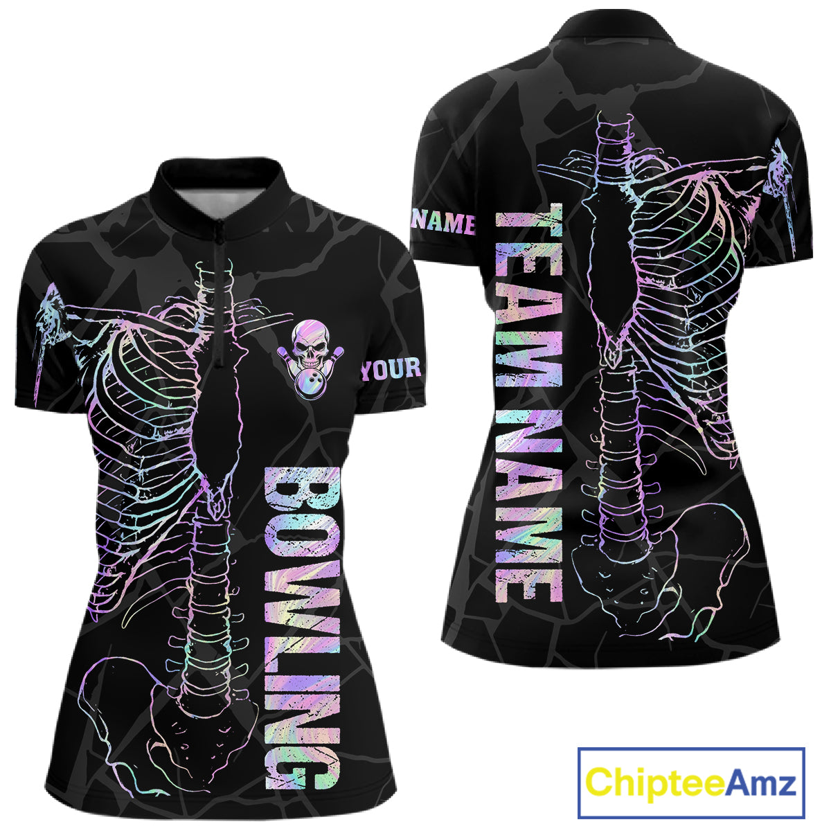 Black And Holographic Funny Skeleton Bowling Shirts For Women Custom Skull Bowling Team Jersey TDM7400