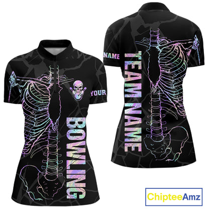 Black And Holographic Funny Skeleton Bowling Shirts For Women Custom Skull Bowling Team Jersey TDM7400