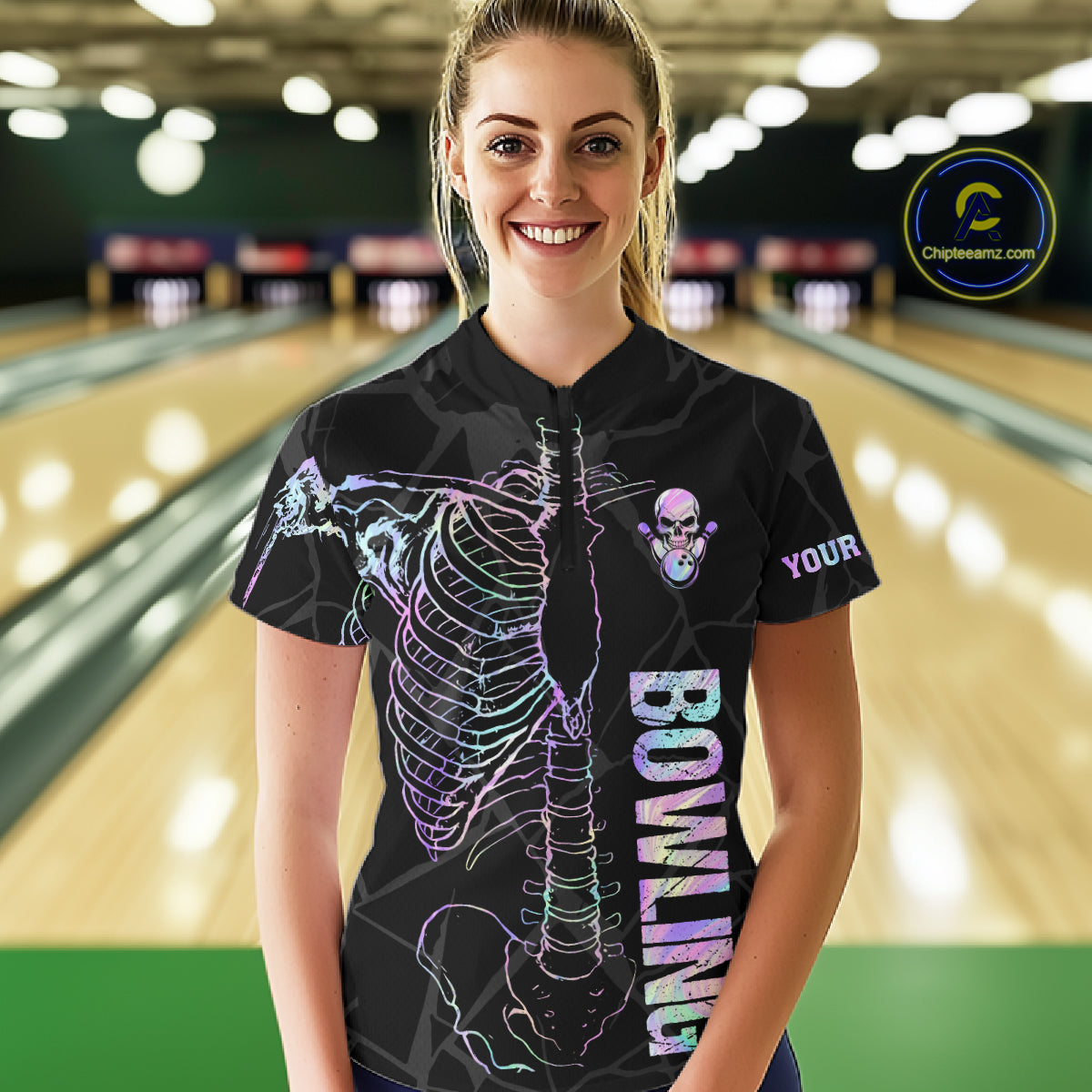Black And Holographic Funny Skeleton Bowling Shirts For Women Custom Skull Bowling Team Jersey TDM7400