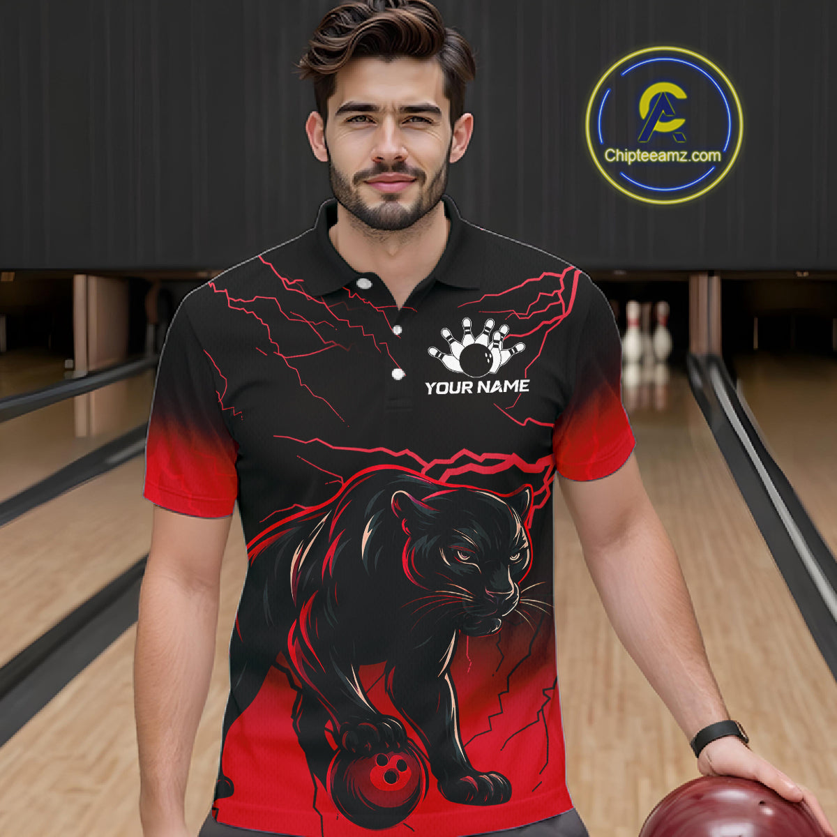 Black And Red Thunder Lightning Panther Bowling Team Shirts For Men Custom Bowling League Jersey TDM7401