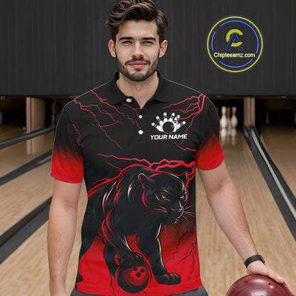 Black And Red Thunder Lightning Panther Bowling Team Shirts For Men Custom Bowling League Jersey TDM7401