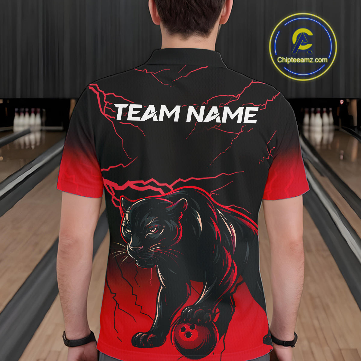 Black And Red Thunder Lightning Panther Bowling Team Shirts For Men Custom Bowling League Jersey TDM7401