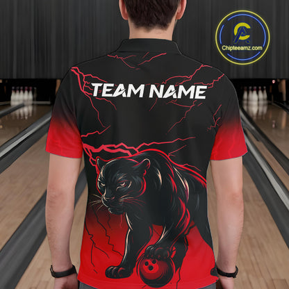 Black And Red Thunder Lightning Panther Bowling Team Shirts For Men Custom Bowling League Jersey TDM7401