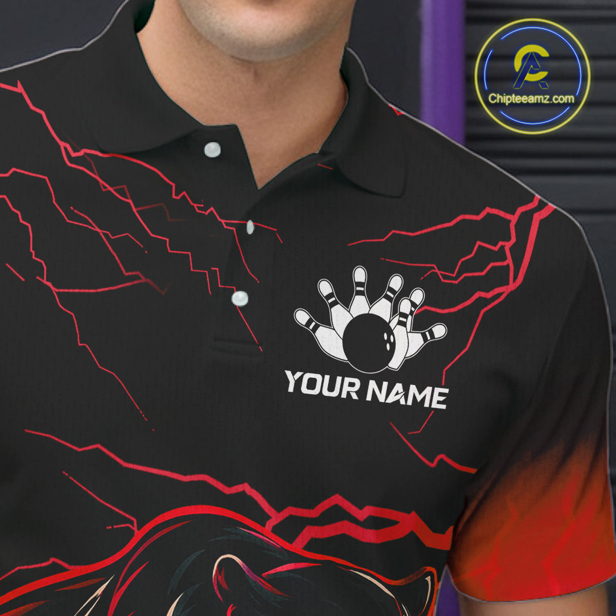 Black And Red Thunder Lightning Panther Bowling Team Shirts For Men Custom Bowling League Jersey TDM7401