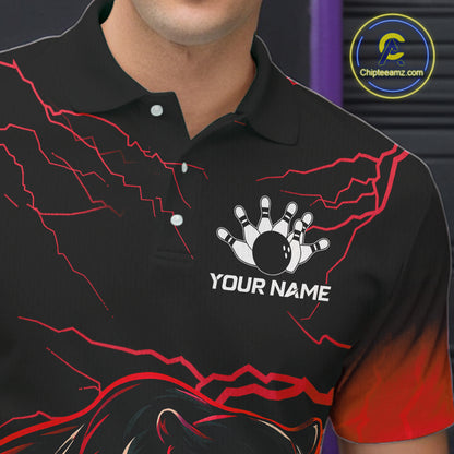 Black And Red Thunder Lightning Panther Bowling Team Shirts For Men Custom Bowling League Jersey TDM7401