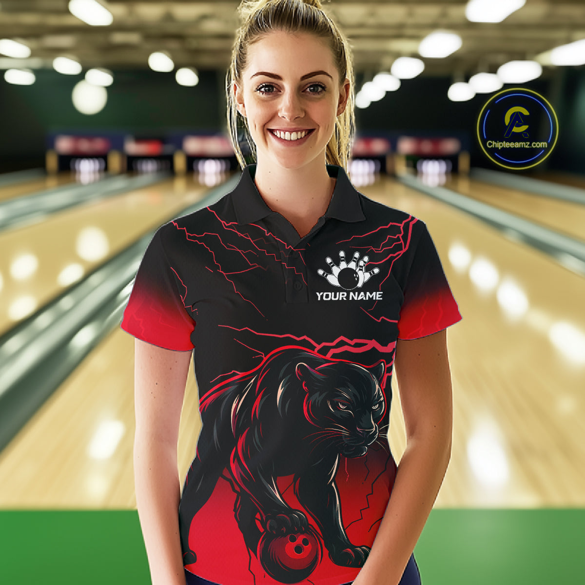 Black And Red Thunder Lightning Panther Bowling Team Shirts For Women Custom Bowling League Jersey TDM7401