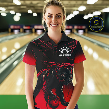 Black And Red Thunder Lightning Panther Bowling Team Shirts For Women Custom Bowling League Jersey TDM7401