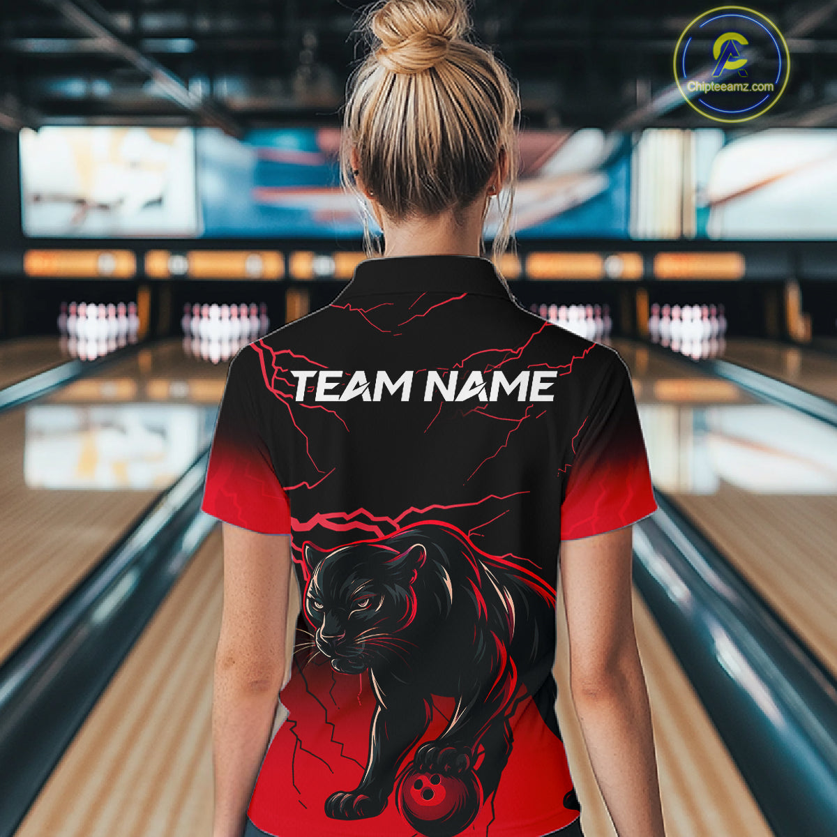 Black And Red Thunder Lightning Panther Bowling Team Shirts For Women Custom Bowling League Jersey TDM7401
