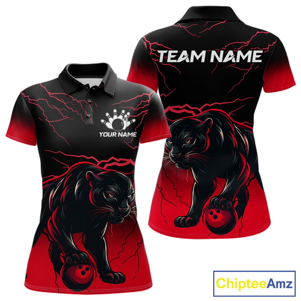 Black And Red Thunder Lightning Panther Bowling Team Shirts For Women Custom Bowling League Jersey TDM7401